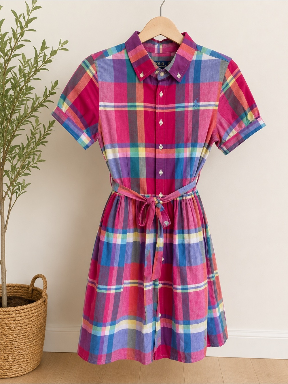 Ralph Lauren Girls Multicolor Plaid Button-Front Shirt Dress sz 14